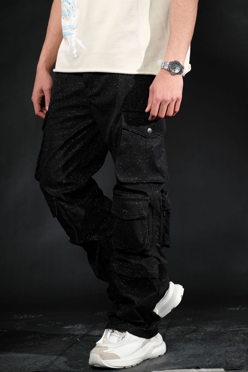 SHINY COATED MULTI CARGO RELAXED STRAIGHT JEANS