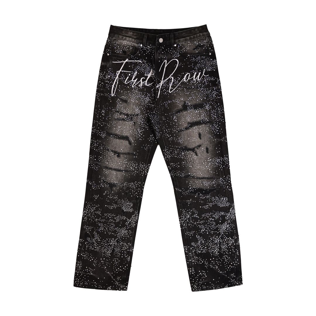 First Row ALLOVER RHINE STONE BLACK RIPPED PANTS