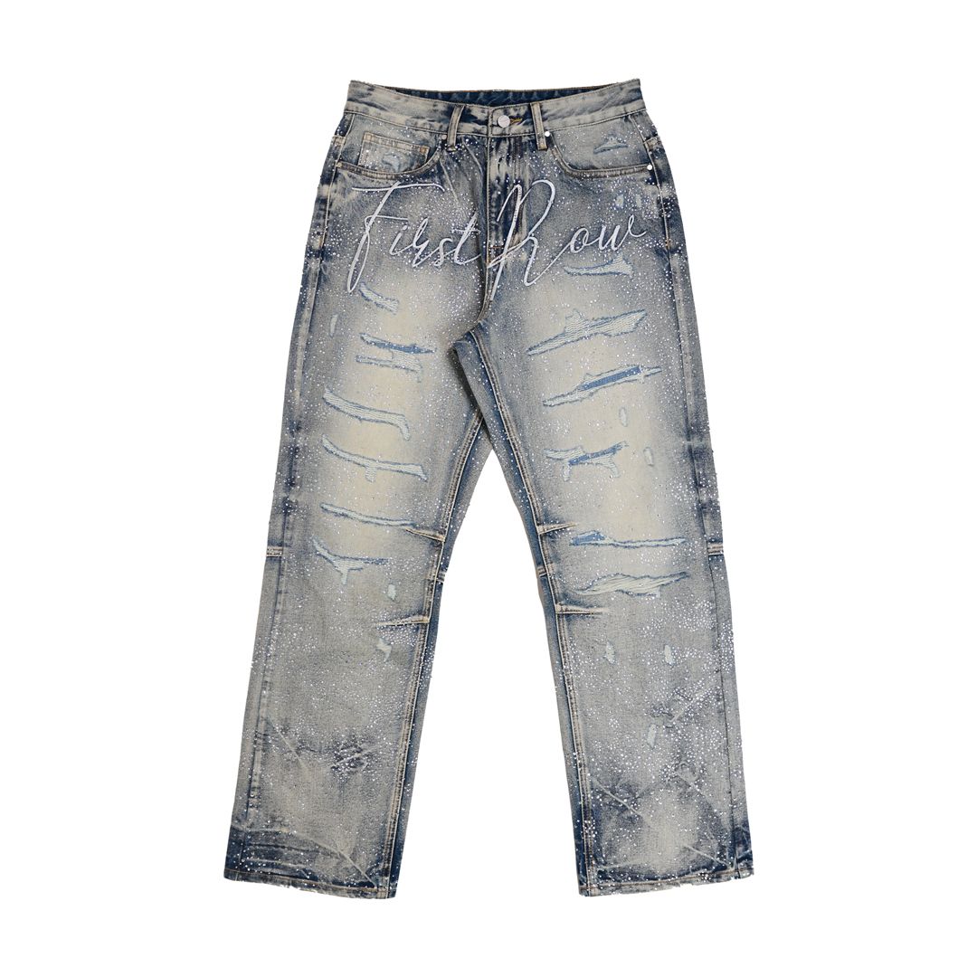 First Row ALLOVER RHINE STONE BLUE RIPPED PANTS