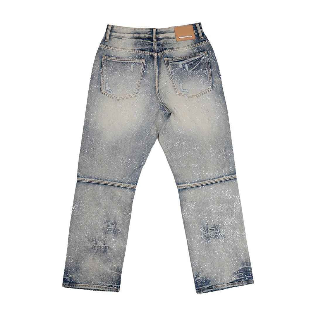 First Row ALLOVER RHINE STONE BLUE RIPPED PANTS