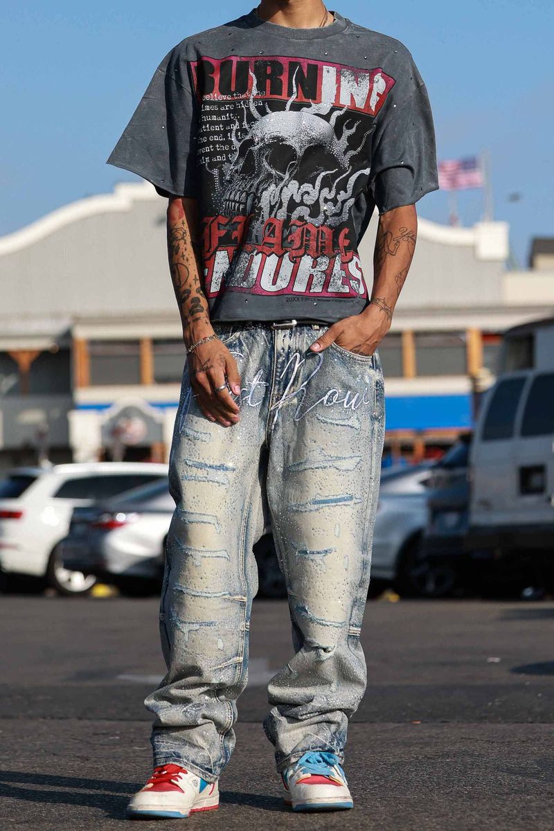 First Row ALLOVER RHINE STONE BLUE RIPPED PANTS