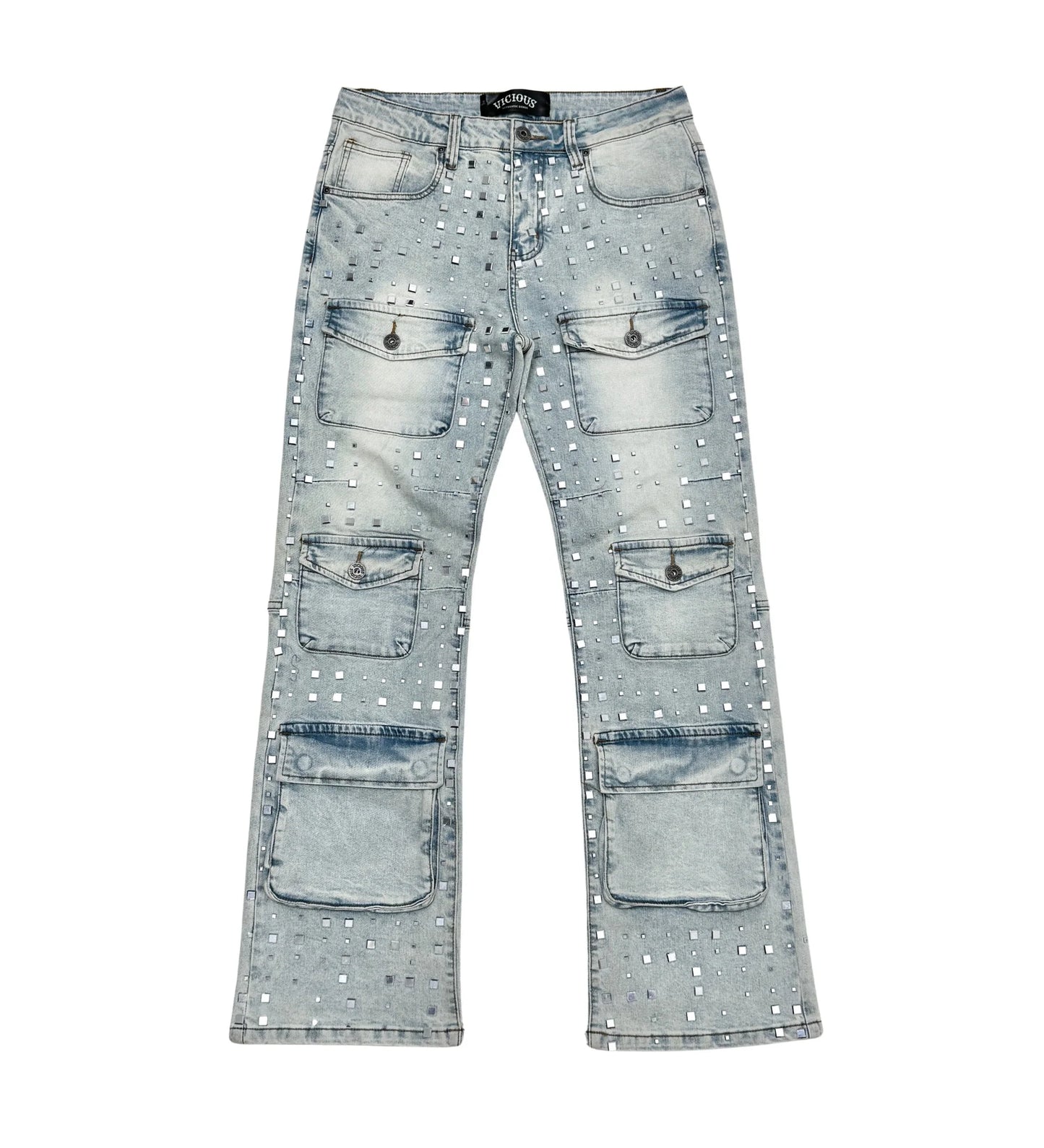SILVER STUDDED MULTI FRONT POCKET RELAXED STRAIGHT DENIM