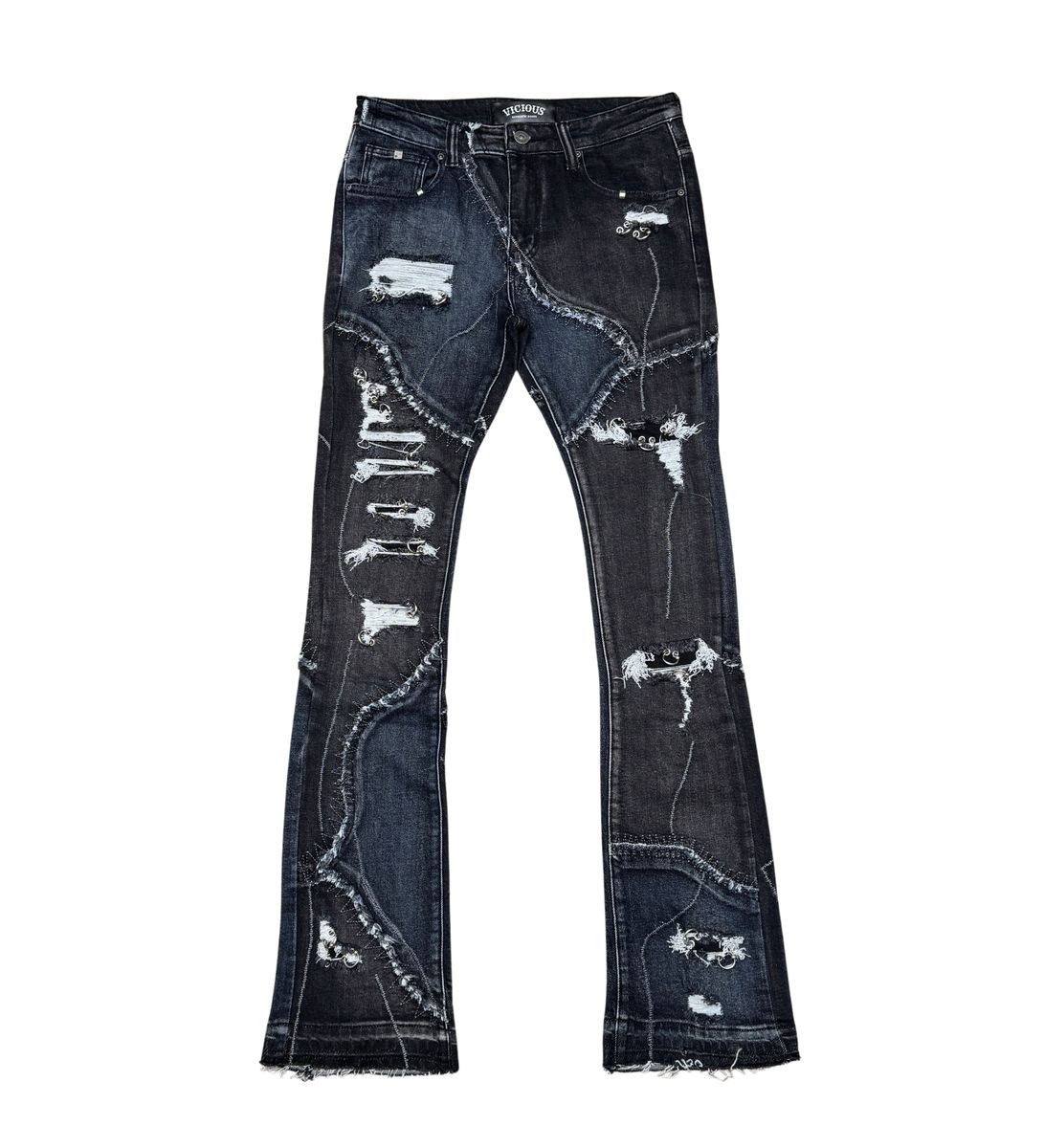TWO TONE RIP & REPAIR FLARE DENIM