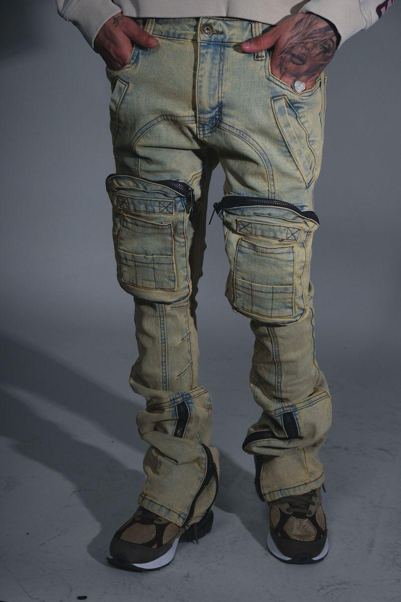 FRONT ZIP 3D CARGO DENIM PANTS / FLARED FIT (VC423 VINTAGE INDIGO)