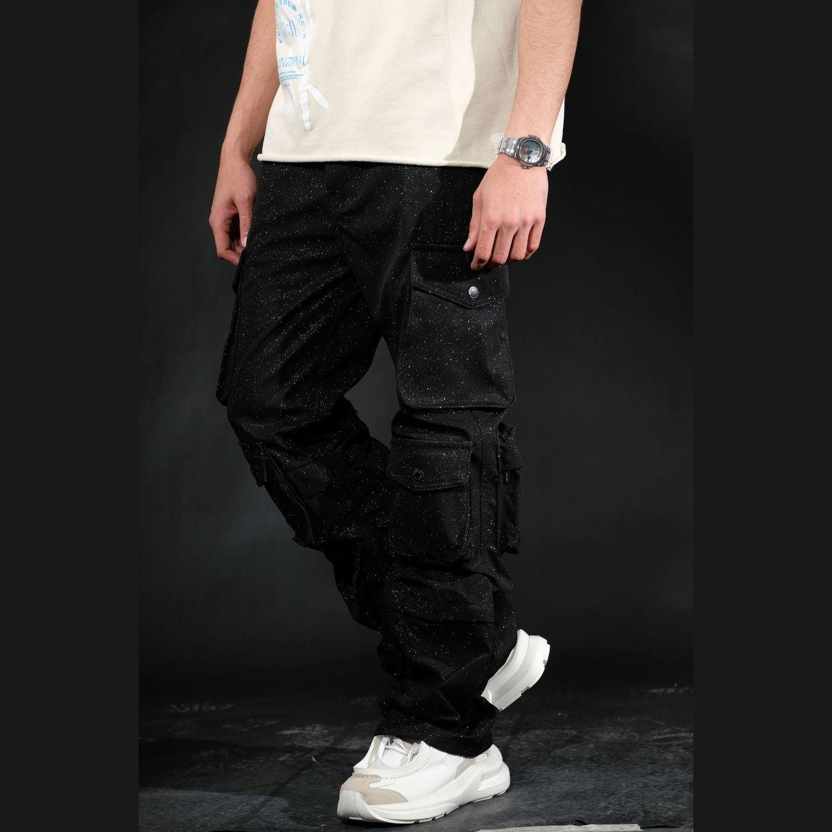 SHINY COATED MULTI CARGO RELAXED STRAIGHT JEANS