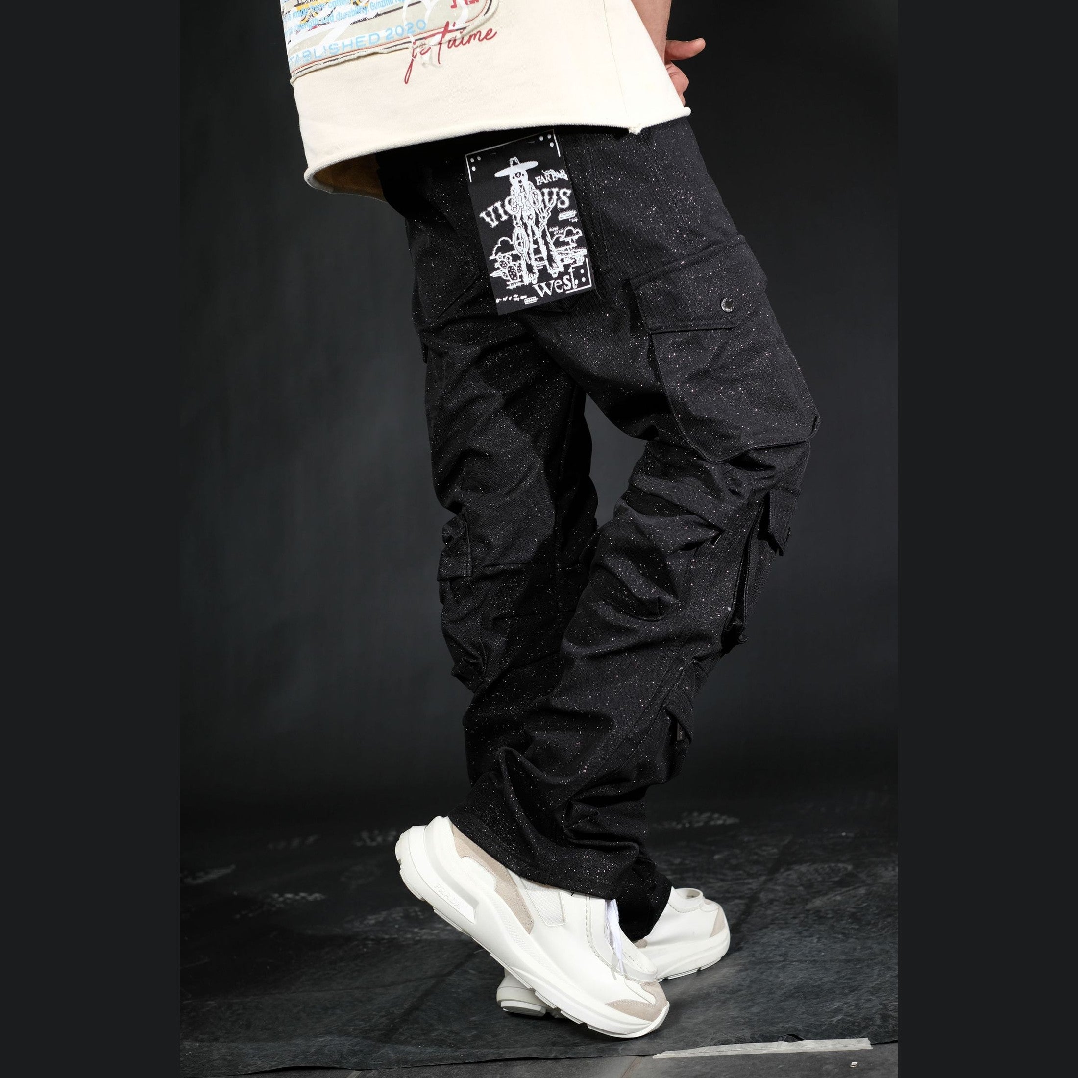 SHINY COATED MULTI CARGO RELAXED STRAIGHT JEANS