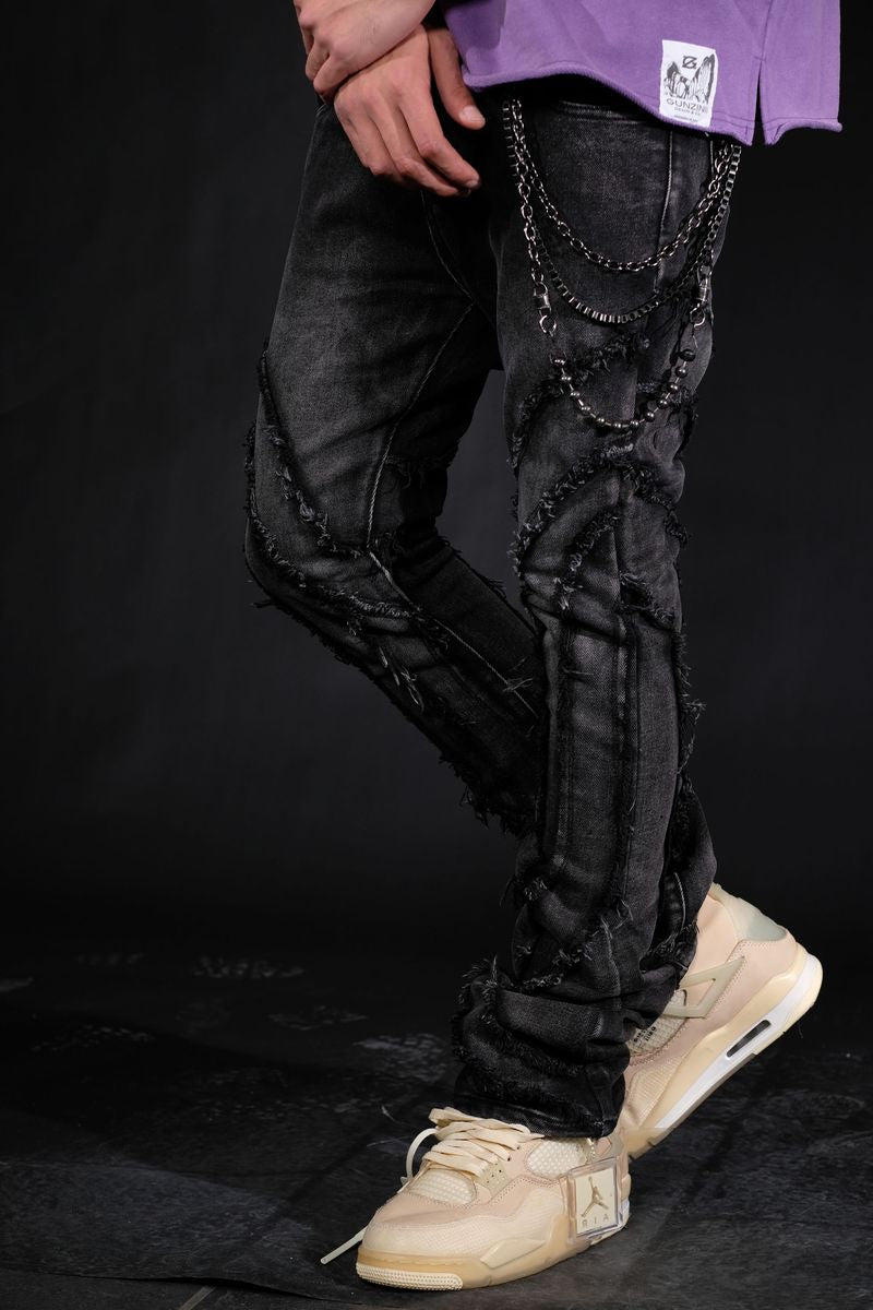 FRAY RIPPED FLARE DENIM W/ MULTI CHAINS (VC690 VINTAGE BLACK)