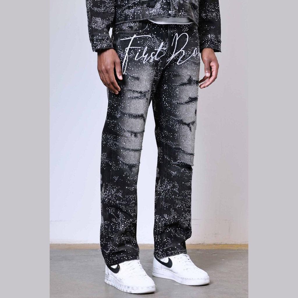 First Row ALLOVER RHINE STONE BLACK RIPPED PANTS