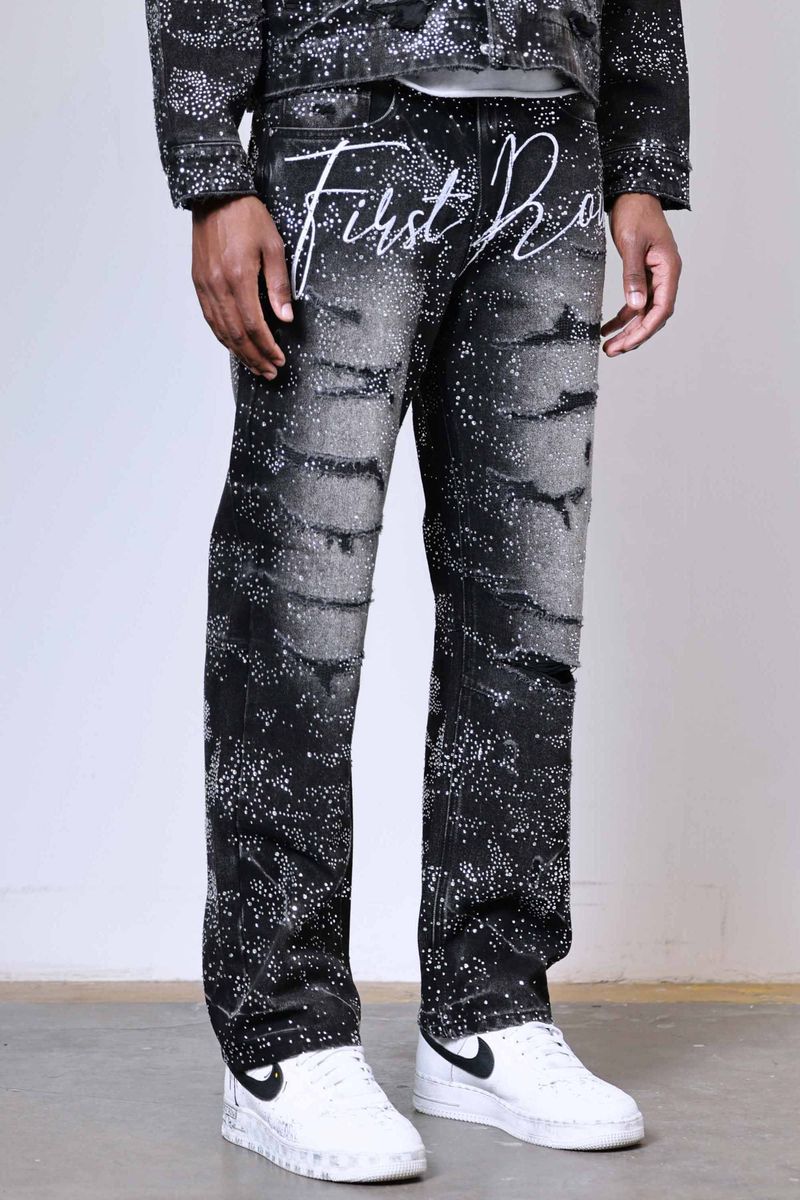 First Row ALLOVER RHINE STONE BLACK RIPPED PANTS