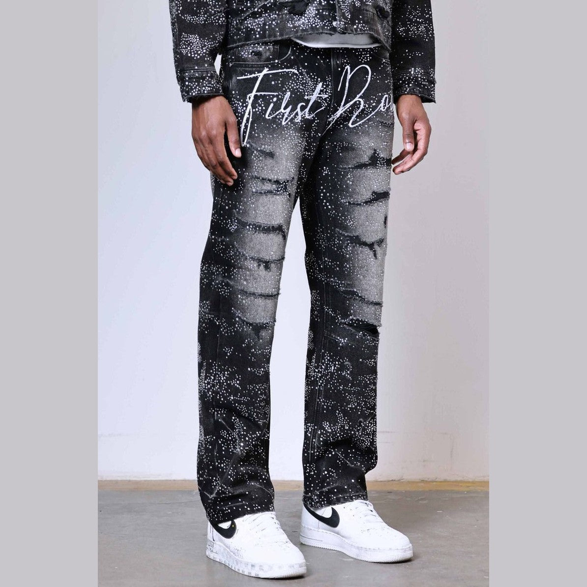 First Row ALLOVER RHINE STONE BLACK RIPPED PANTS