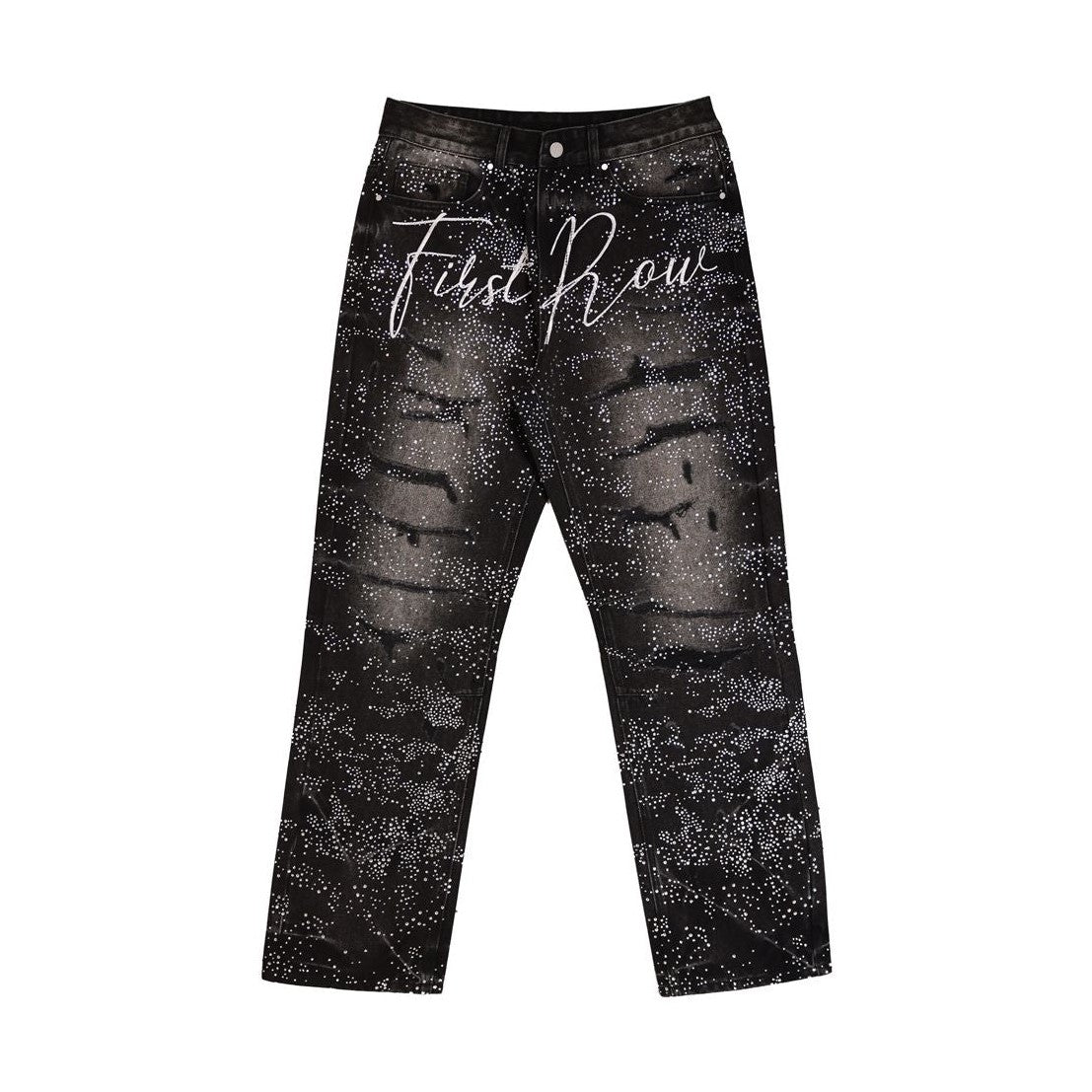 First Row ALLOVER RHINE STONE BLACK RIPPED PANTS