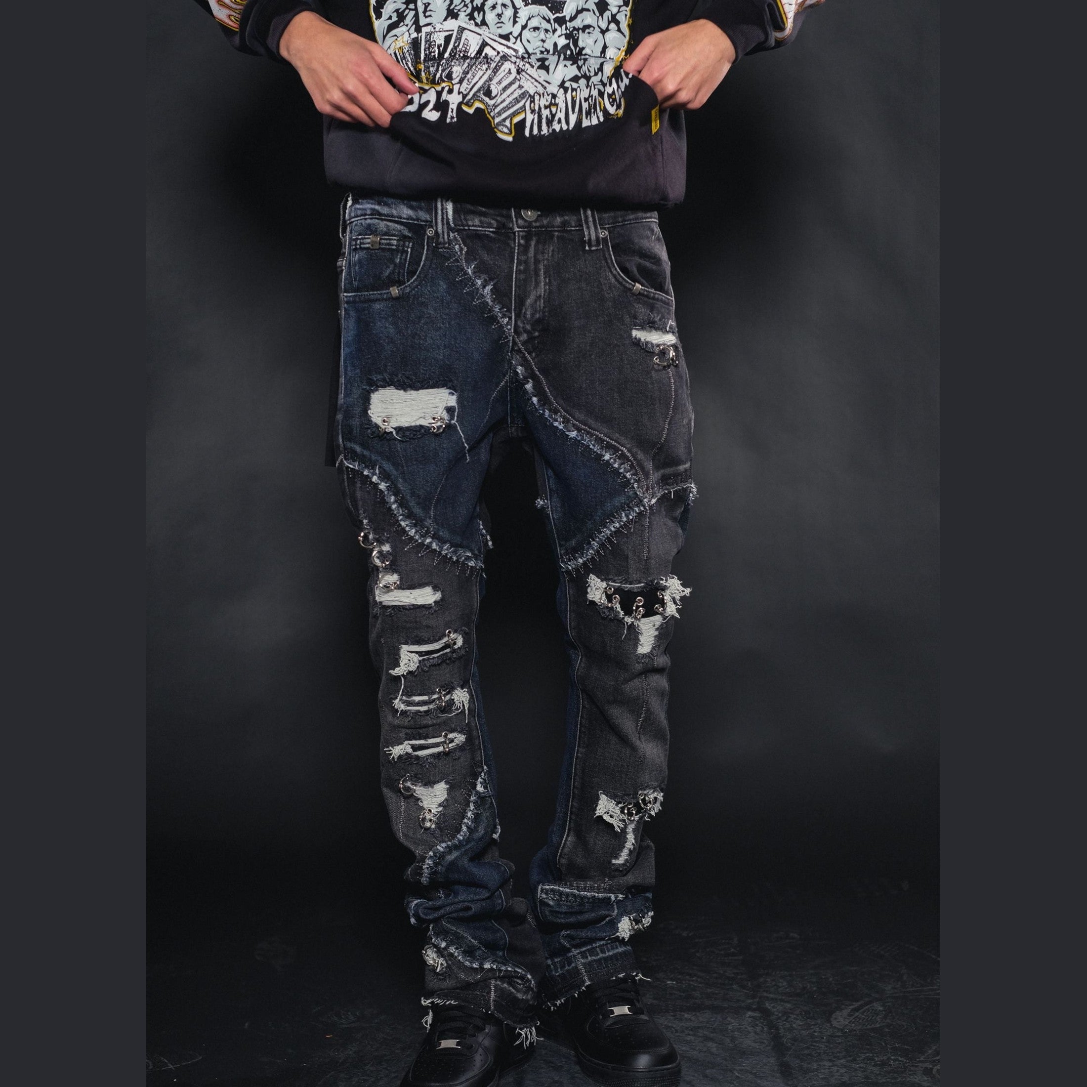 TWO TONE RIP & REPAIR FLARE DENIM W/ METAL RING DETAILS VC633 BLACK 2TONES