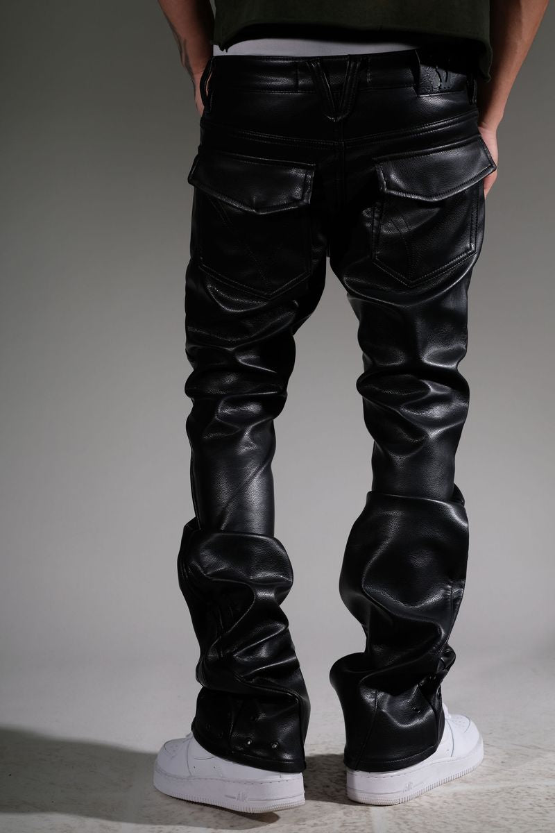 STACKED BLACK LEATHER PANTS - VC5004