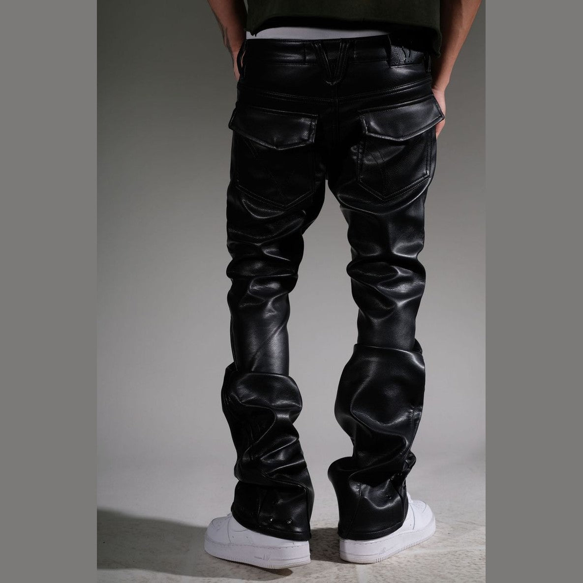 STACKED BLACK LEATHER PANTS - VC5004