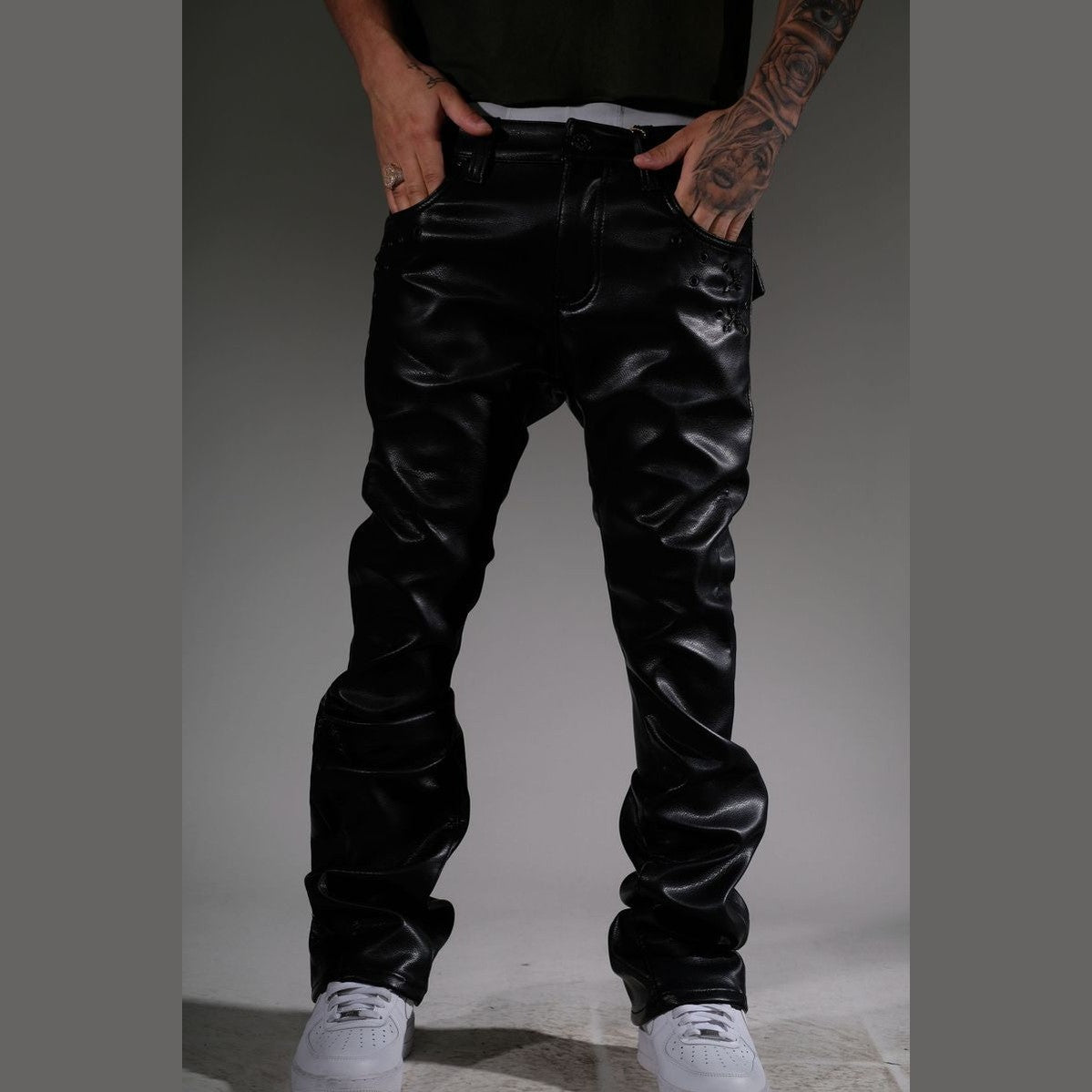 STACKED BLACK LEATHER PANTS - VC5004