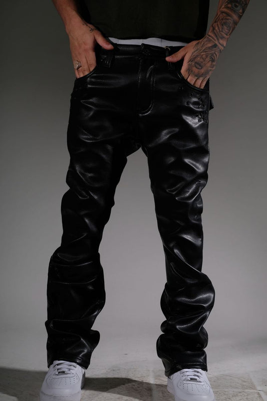 STACKED BLACK LEATHER PANTS - VC5004