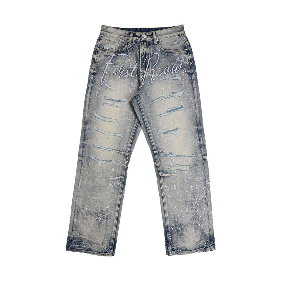 First Row ALLOVER RHINE STONE BLUE RIPPED PANTS