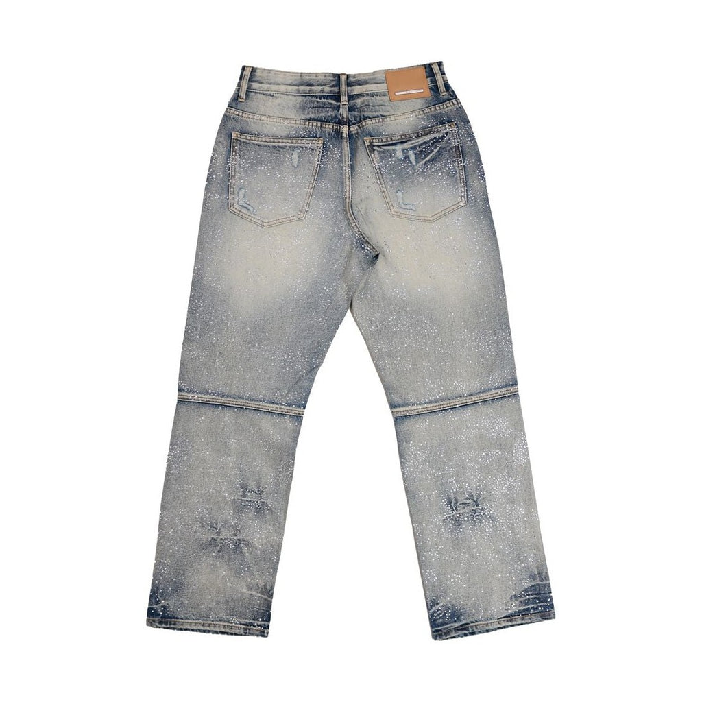 First Row ALLOVER RHINE STONE BLUE RIPPED PANTS