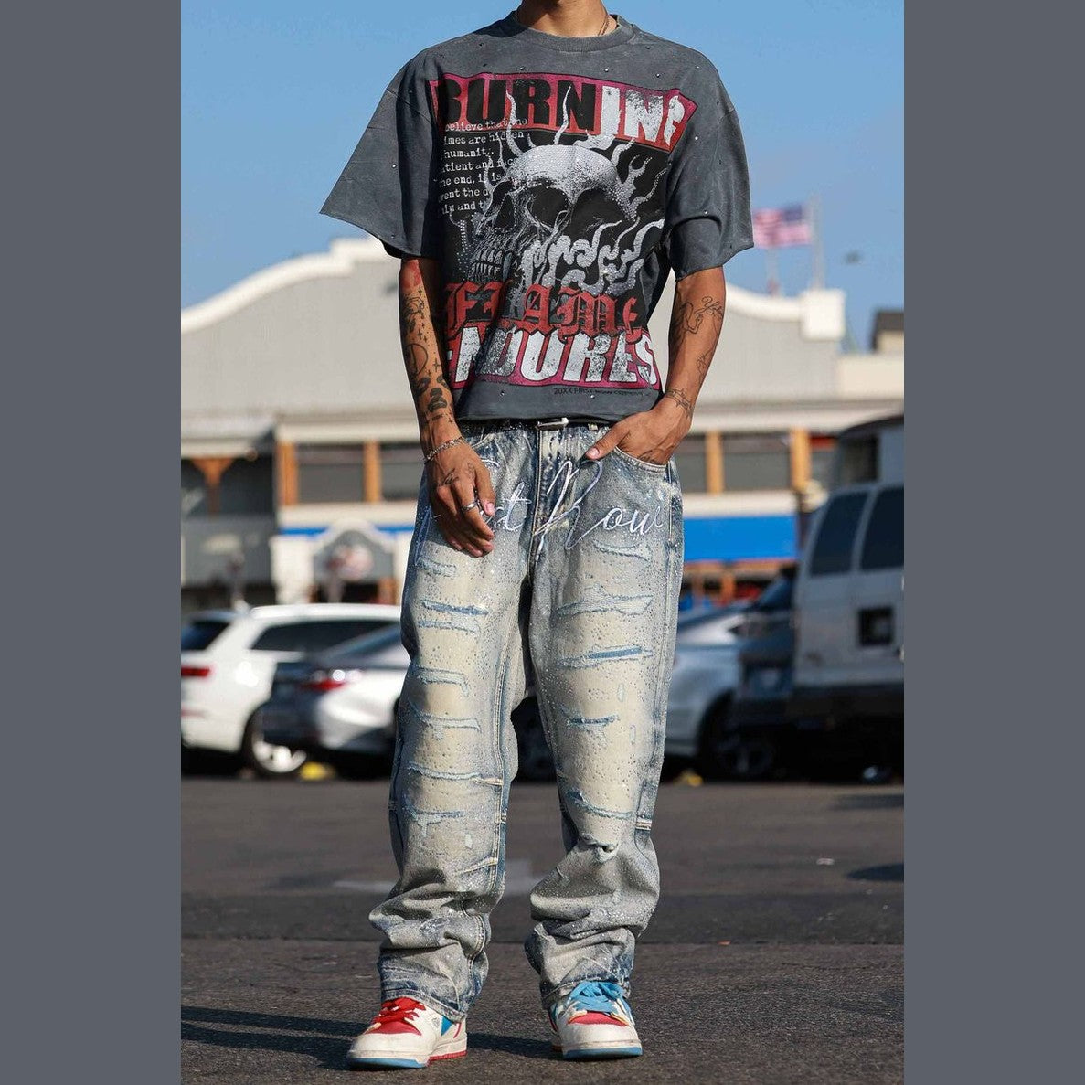 First Row ALLOVER RHINE STONE BLUE RIPPED PANTS