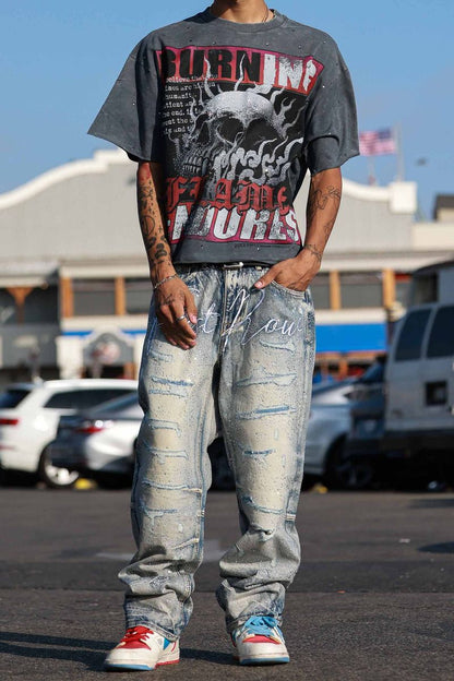 First Row ALLOVER RHINE STONE BLUE RIPPED PANTS