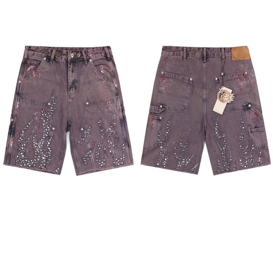 Hellstar Fire Diamond Demin Jorts Washed Red