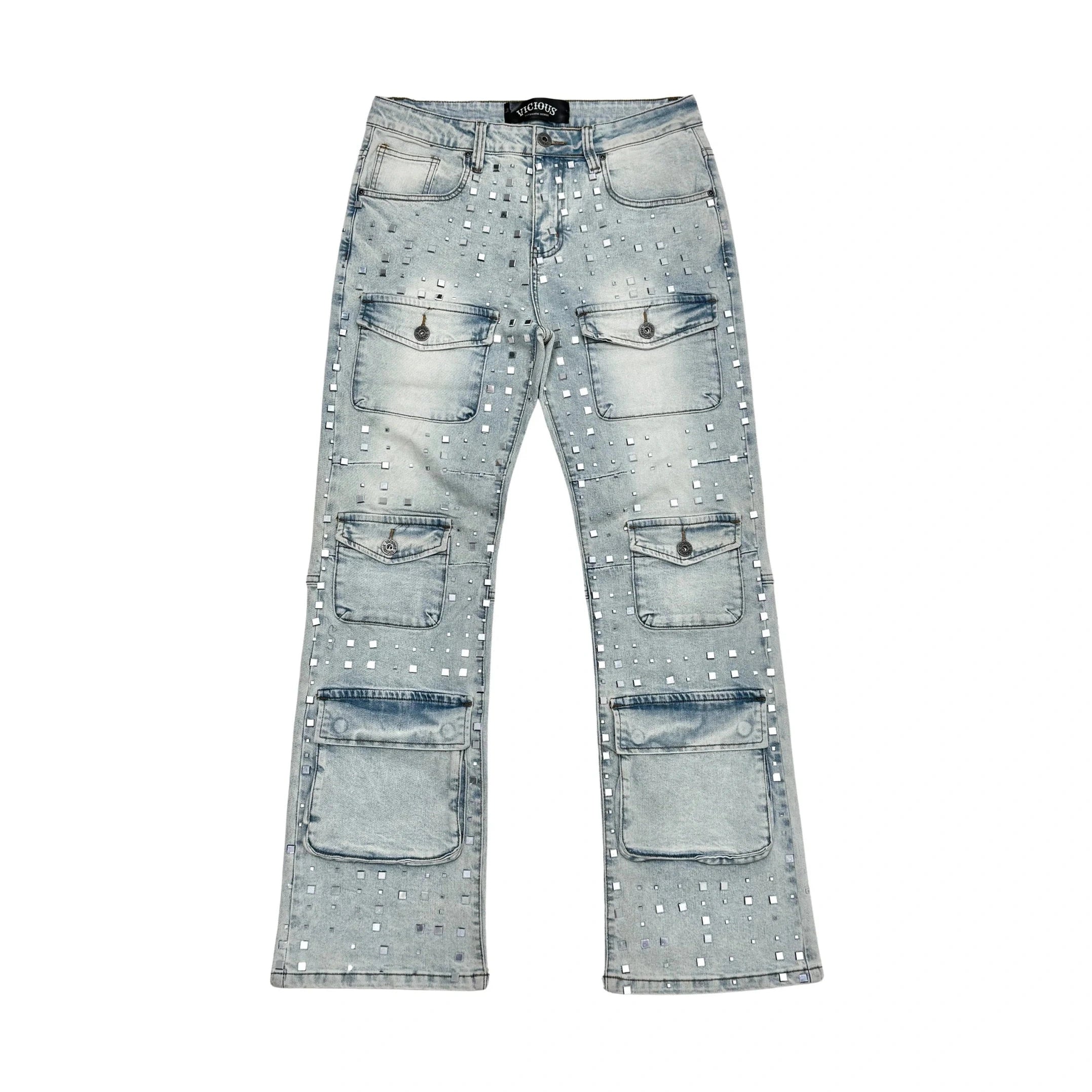 SILVER STUDDED MULTI FRONT POCKET RELAXED STRAIGHT DENIM
