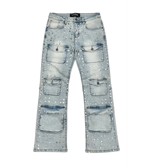 SILVER STUDDED MULTI FRONT POCKET RELAXED STRAIGHT DENIM