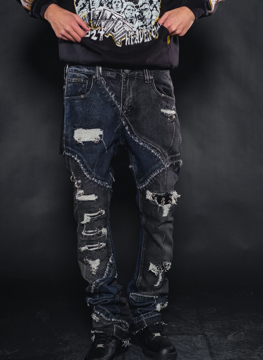 TWO TONE RIP & REPAIR FLARE DENIM