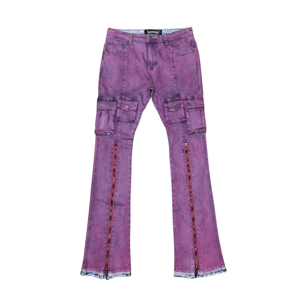 MULTI CARGO PURPLE FLARE DENIM W/ ZIPPER DETAIL