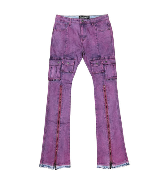 MULTI CARGO FLARE DENIM W/ ZIPPER DETAIL