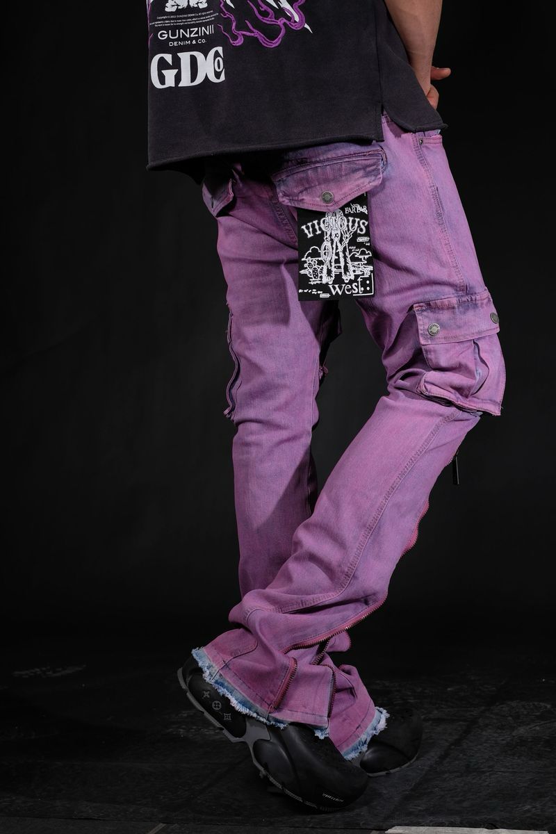 MULTI CARGO FLARE DENIM W/ ZIPPER DETAIL