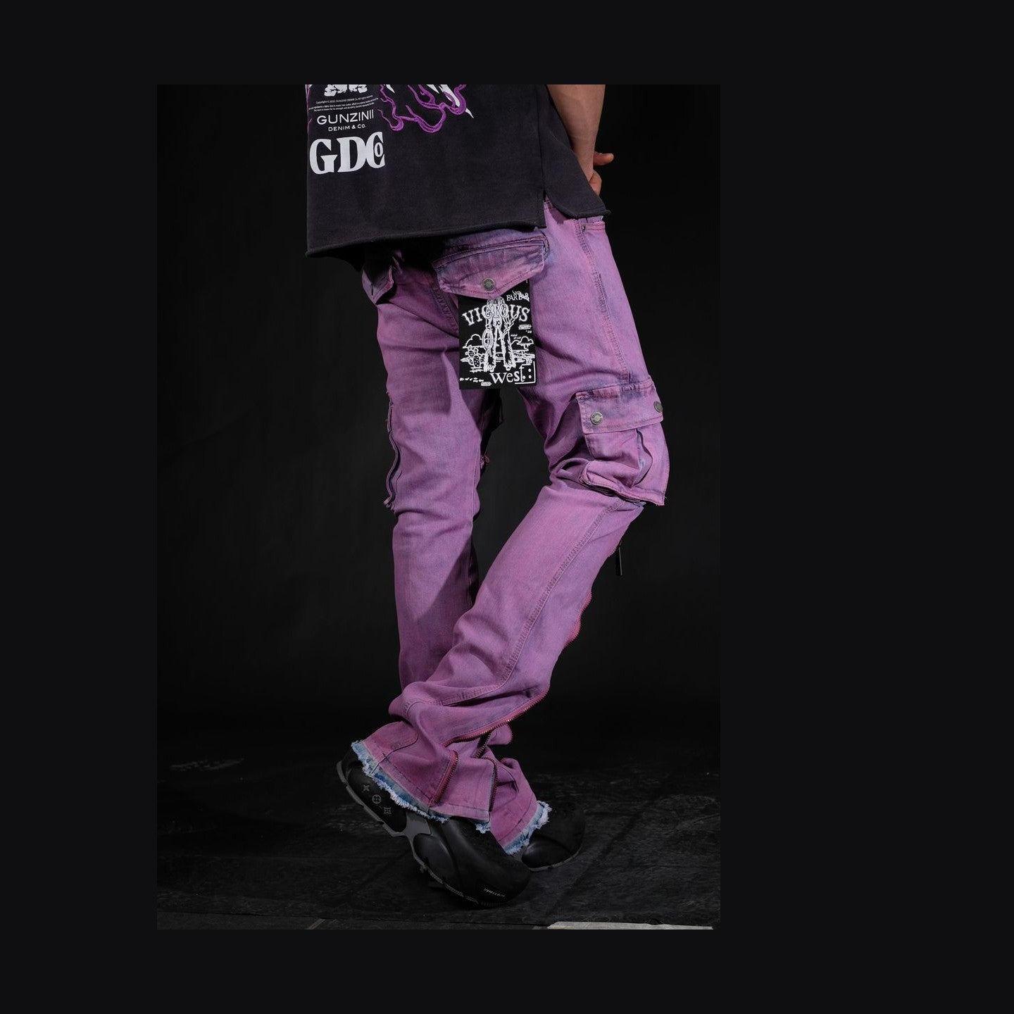 MULTI CARGO PURPLE FLARE DENIM W/ ZIPPER DETAIL