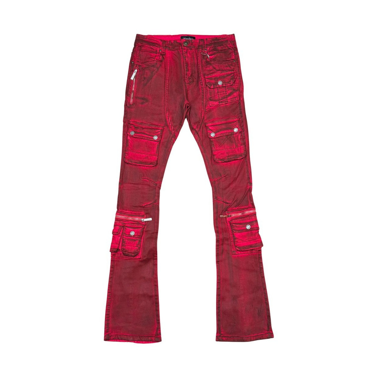 DIRTY WASH MULTI CARGO FLARE JEANS W/ ZIPPER DETAILS